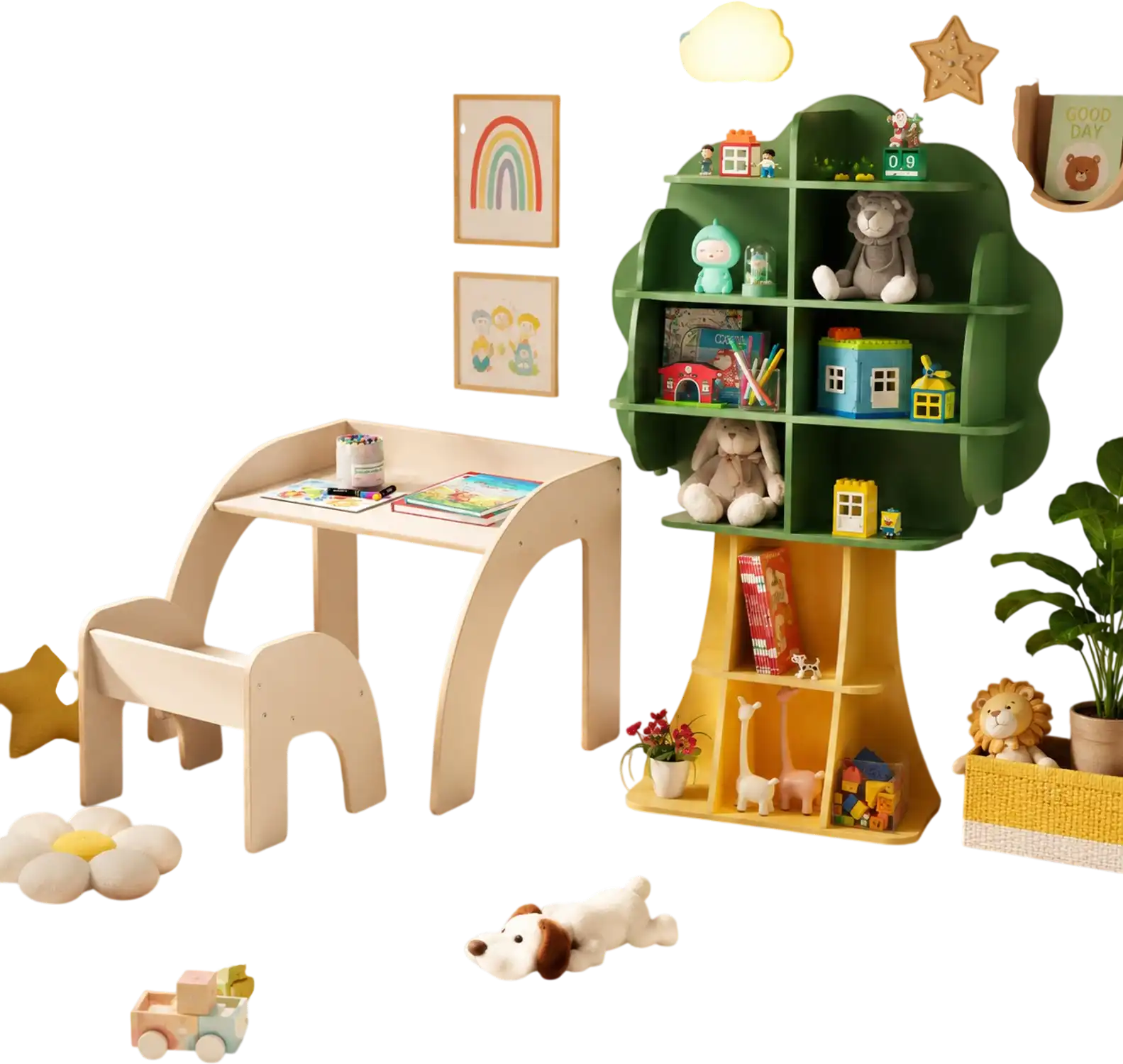 Costway Kids Table & Chair Set Tree Bookshelf Storage Organizer 65103341 New