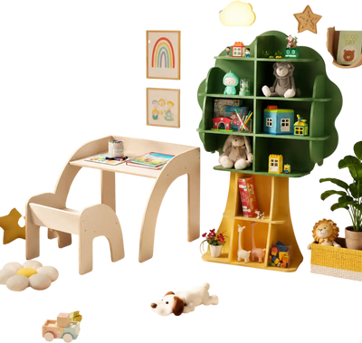 Costway Kids Table & Chair Set Tree Bookshelf Storage Organizer 65103341 New