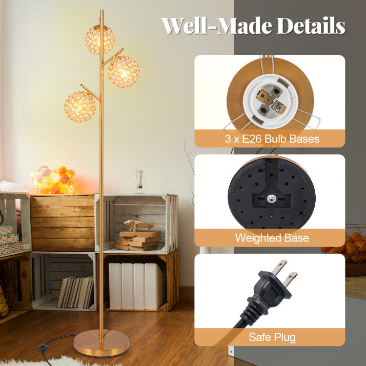 3-globe floor lamp with acrylic lampshades and weighted base, perfect for modern living room or bedroom decor.