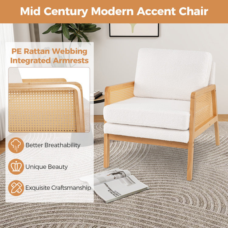 Mid Century Modern accent chair with PE rattan armrests and soft sherpa fabric, perfect for living room or office use.
