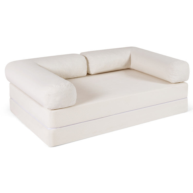 Convertible folding sofa bed with soft corduroy cover and L-shaped armrests, ideal for lounging and sleeping.