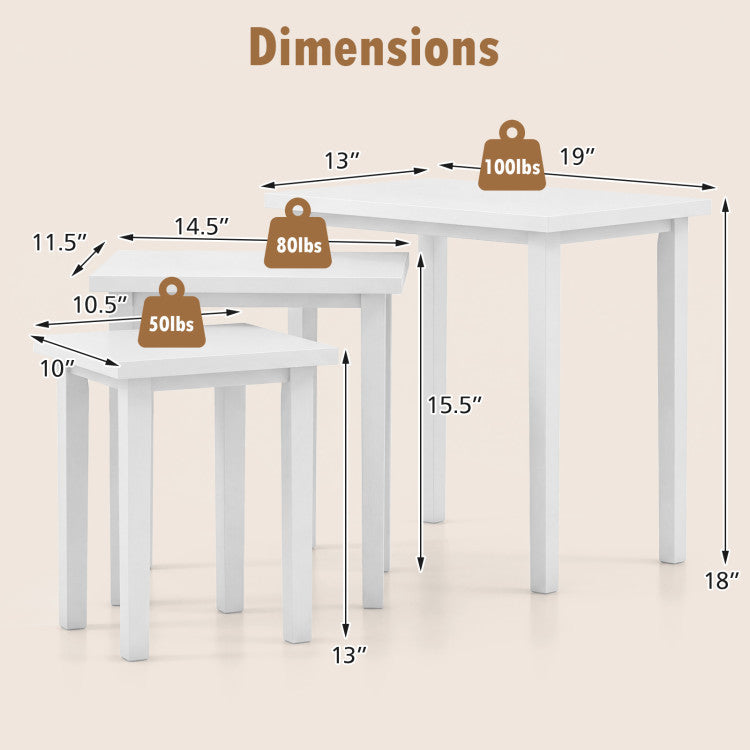 Dimensions of the 3-piece side table set showing weight capacity and measurements for flexible storage and use.
