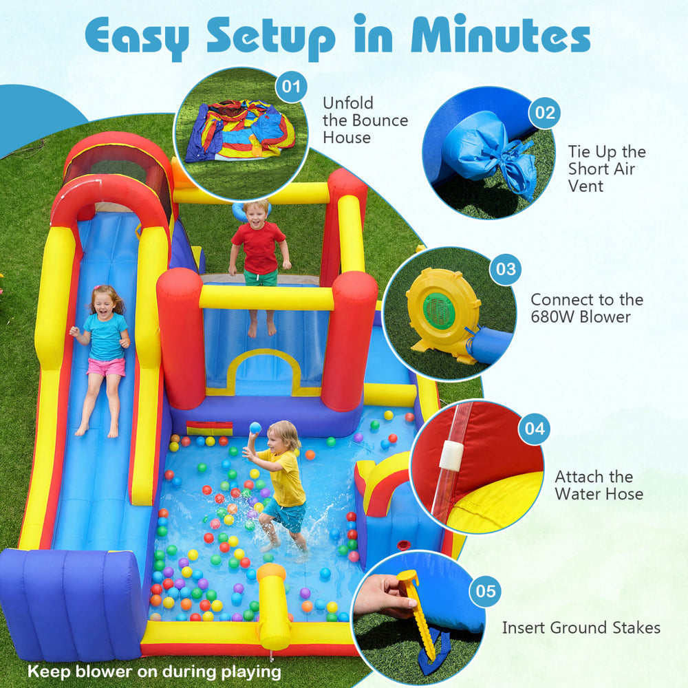 7-in-1 outdoor bounce house with dual slides, water pool, and 680W blower for fun backyard play.