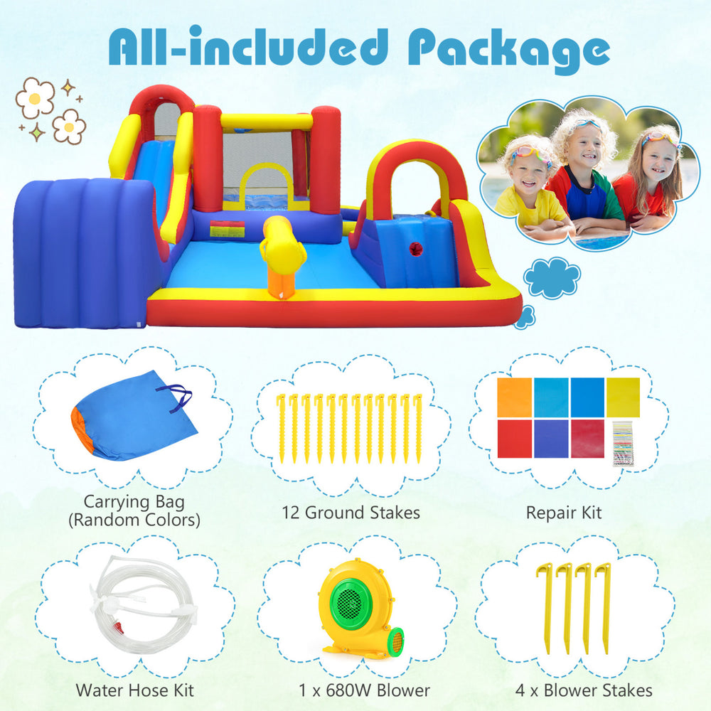 7-in-1 outdoor bounce house with dual slides, basketball hoop, and 680W blower for fun water play and safe jumping.