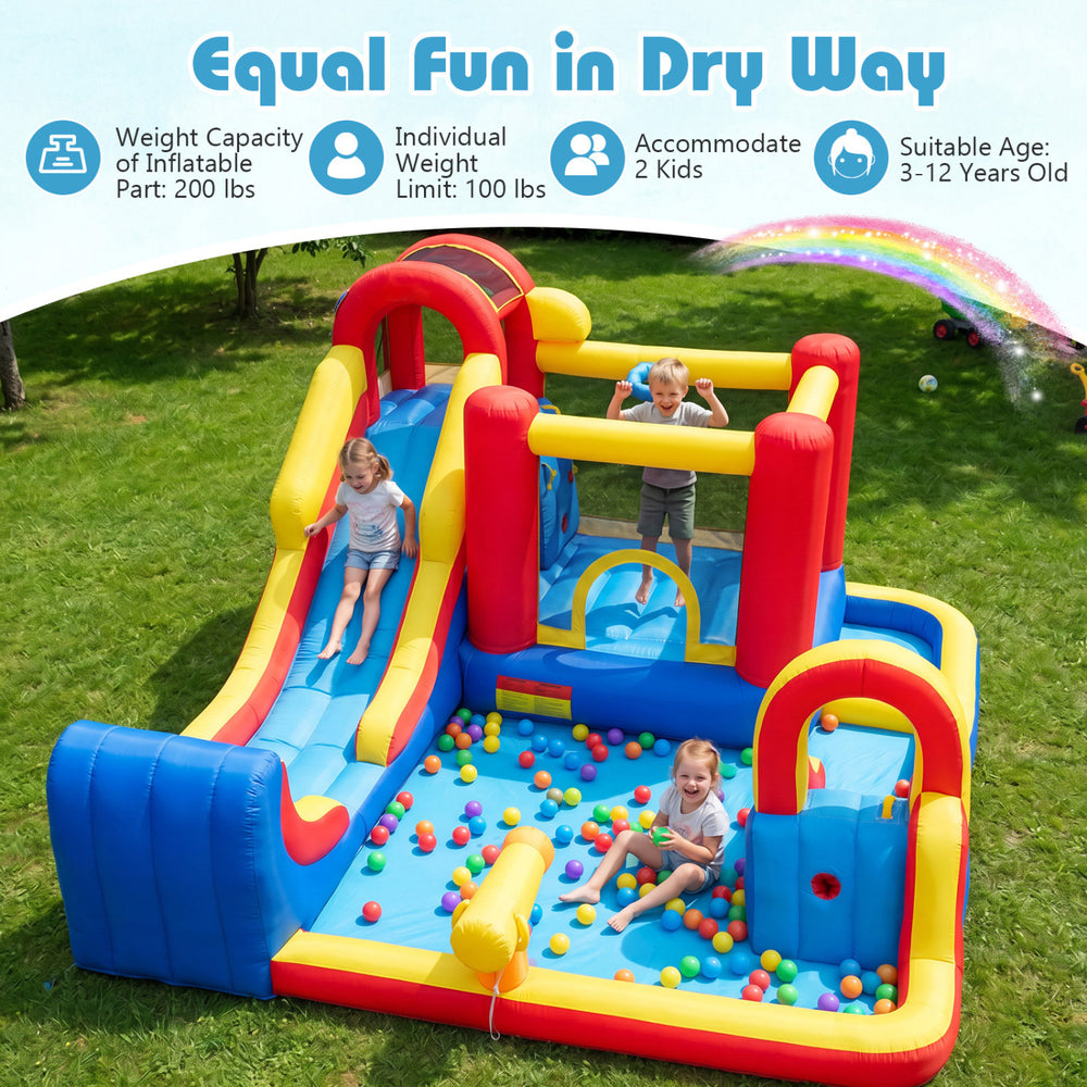 7-in-1 outdoor bounce house with dual slides, basketball hoop, and colorful ball pit for kids aged 3-12 years.