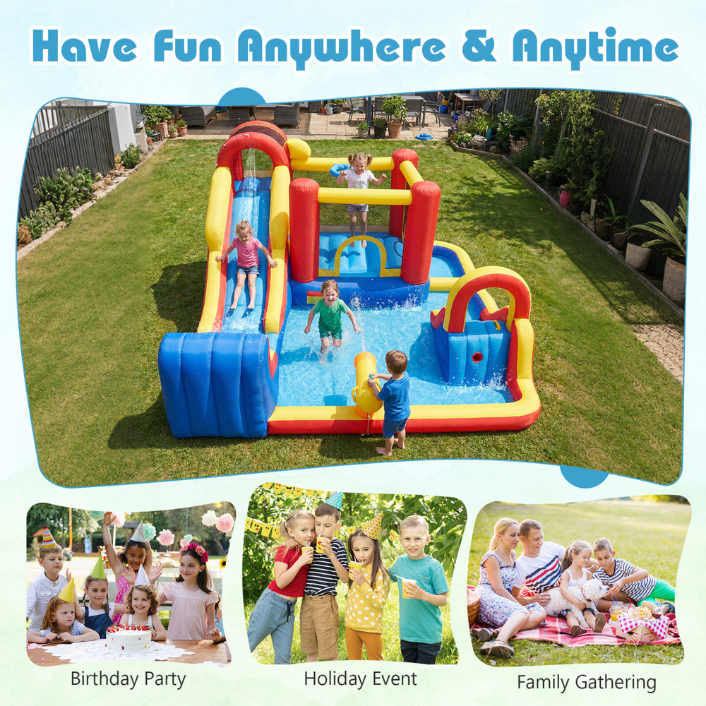 7-in-1 outdoor bounce house with dual slides, basketball hoop, and water features for backyard fun and gatherings.