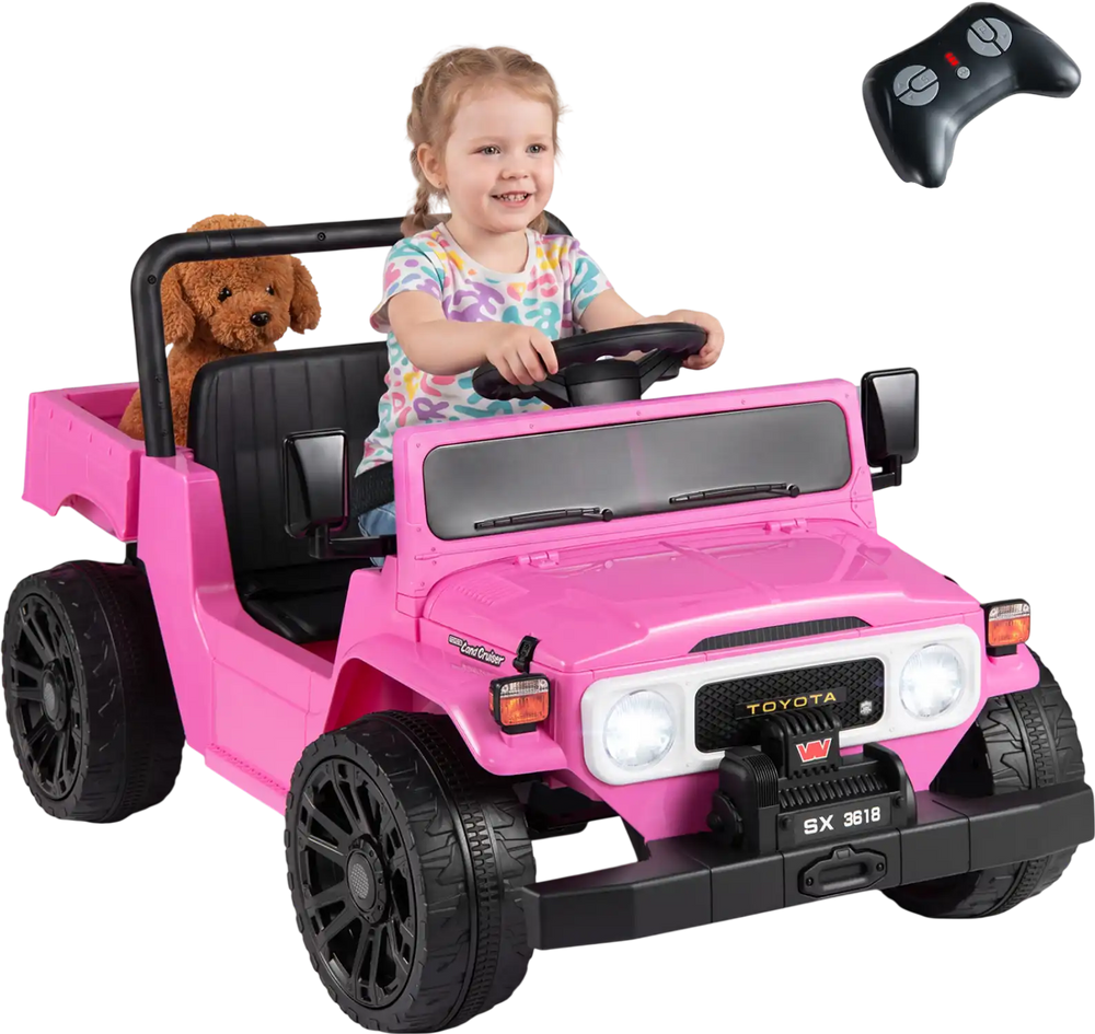 Pink 12V electric ride-on truck with dump bed, parent remote, and music panel for kids aged 3-6 years.