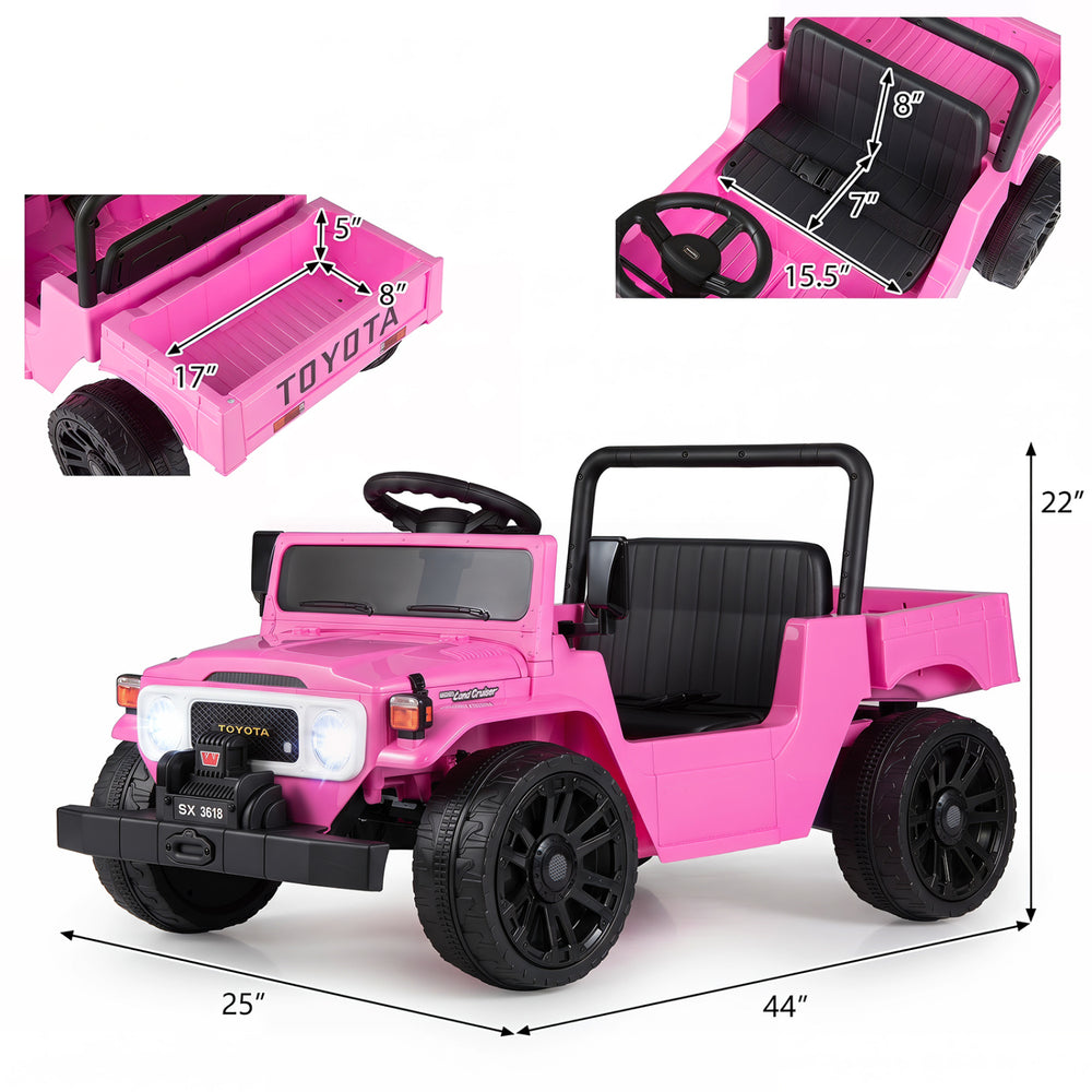 Pink 12V electric ride-on truck with dump bed, parent remote, and interactive music panel for kids aged 3-6 years.