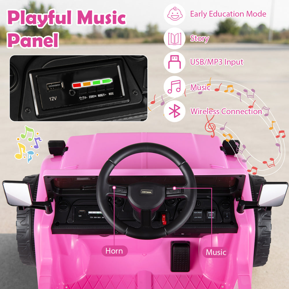 Interactive music panel of the 12V Electric Ride On Truck, featuring horn, music, and story modes for kids' fun.