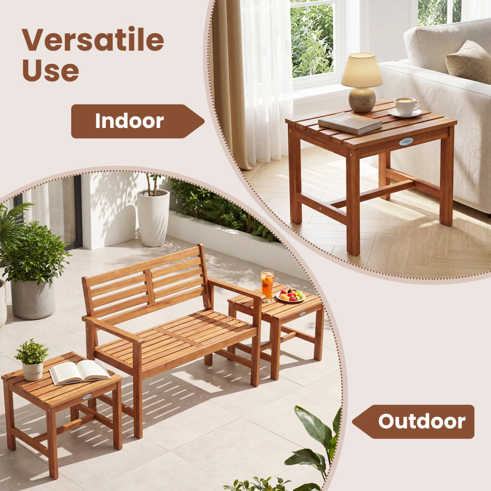 Adirondack chair set of 2 with side table, made of acacia wood, ideal for outdoor patio and garden relaxation.