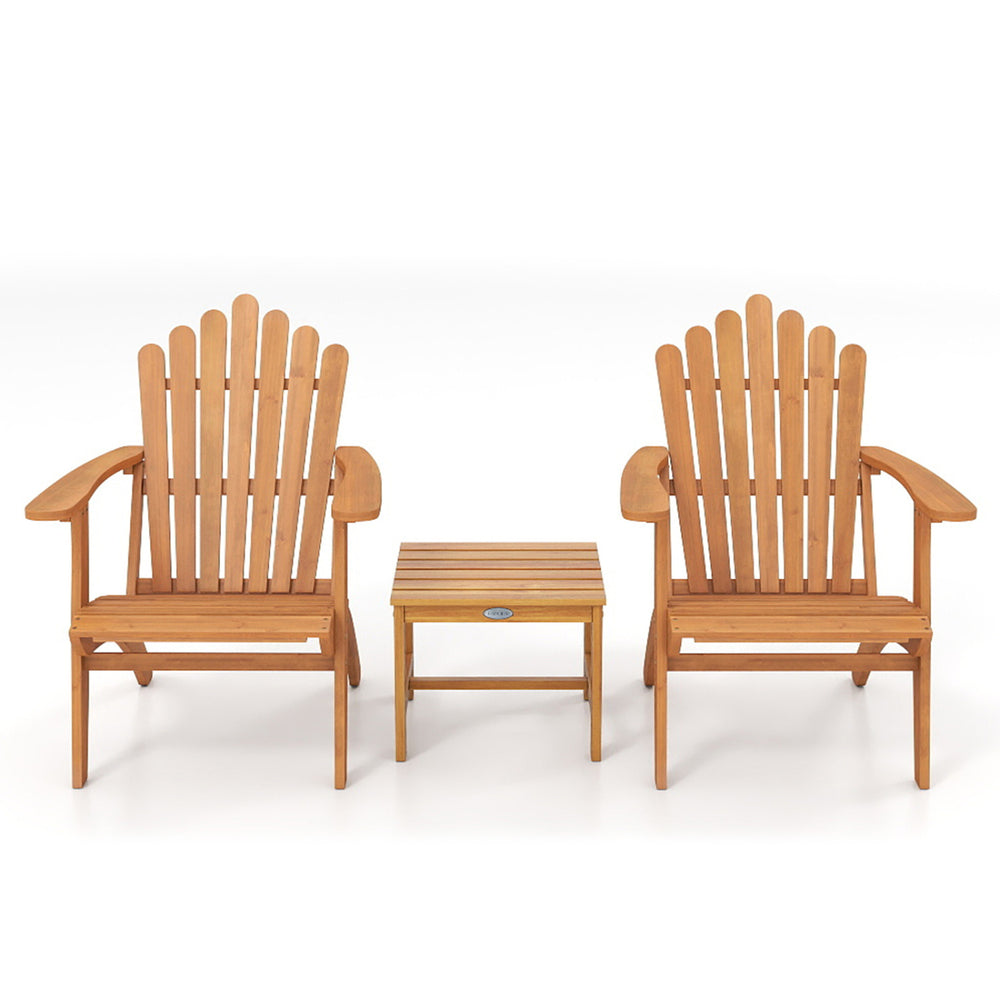 Adirondack chairs with wide armrests and curved seats in natural acacia wood, ideal for relaxing on the patio or garden.