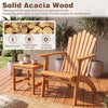 Adirondack chair set with angled backrest and wide armrests, made of solid acacia wood, ideal for patio relaxation.
