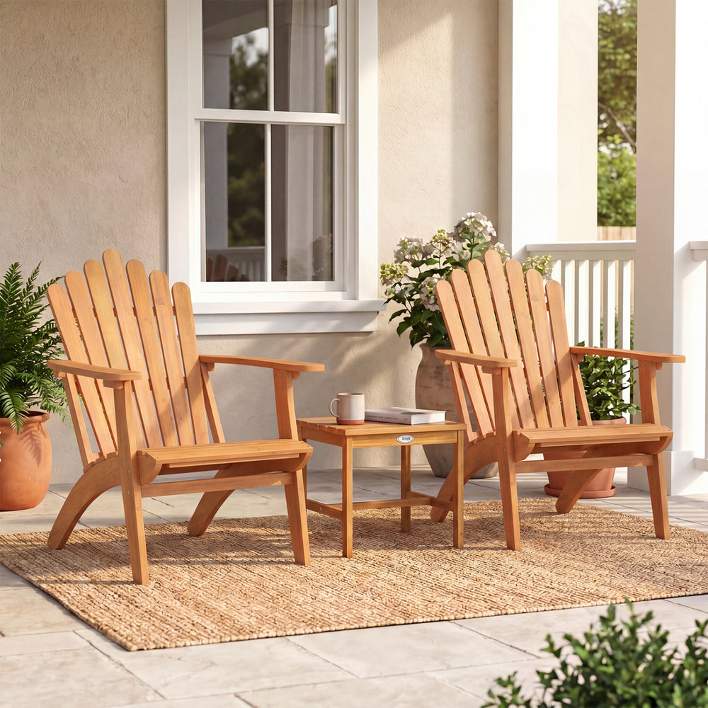 Adirondack chair set of 2 in natural acacia wood with side table, perfect for deck, garden, or porch relaxation.