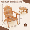 Adirondack chair dimensions with angled backrest and side table, made of sturdy acacia wood for outdoor use.