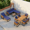 Acacia wood patio furniture set featuring a lounge chair, conversation sofa, and dining table, perfect for outdoor.