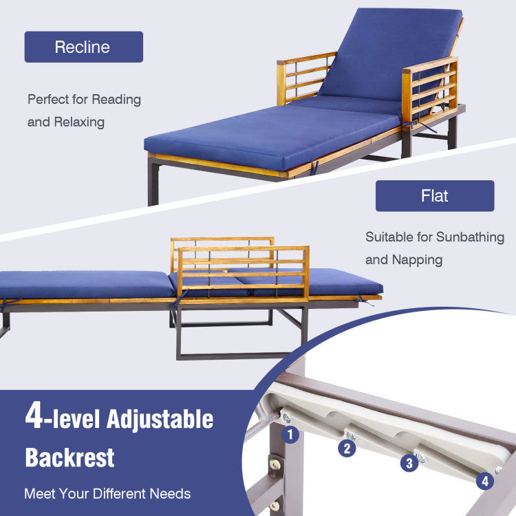 Adjustable chaise lounge chair with acacia wood frame and soft cushions, perfect for sunbathing and outdoor relaxation.