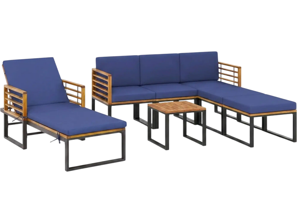 7-Piece Acacia Wood Patio Furniture Set with Adjustable Chaise Lounge Chair and Conversation Sofa Set