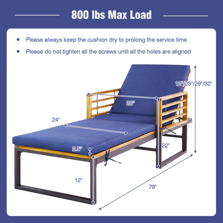 Adjustable chaise lounge chair with acacia wood frame and soft cushions, perfect for outdoor patio relaxation.