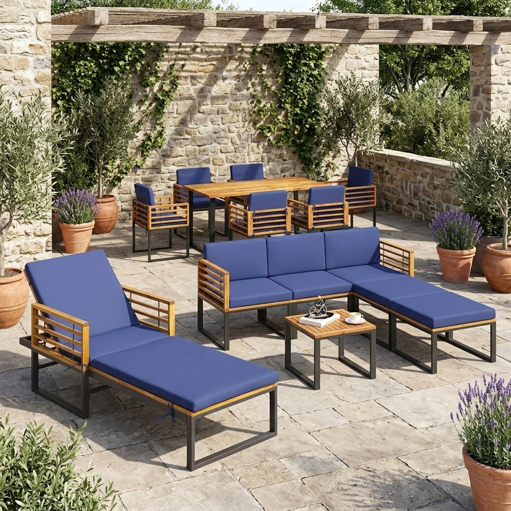 7-piece acacia wood patio furniture set featuring a chaise lounge and conversation sofa, perfect for outdoor relaxation.