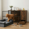 Dog crate furniture with a cooling gel dog bed, featuring chew-resistant fencing and a lockable door for safety.