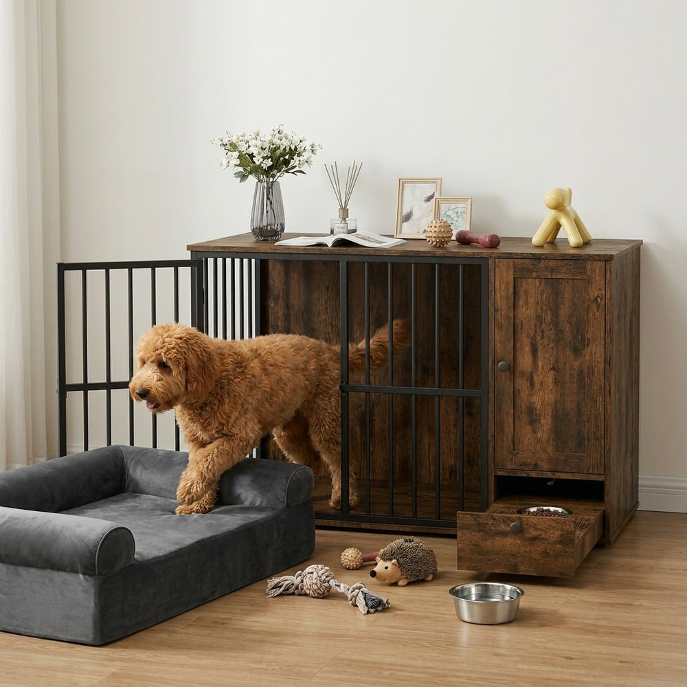 Dog crate furniture with a cooling gel dog bed, featuring chew-resistant fencing and a lockable door for safety.