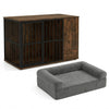 Dog crate furniture with a cooling gel dog bed, featuring chew-resistant fencing and built-in storage for small dogs.