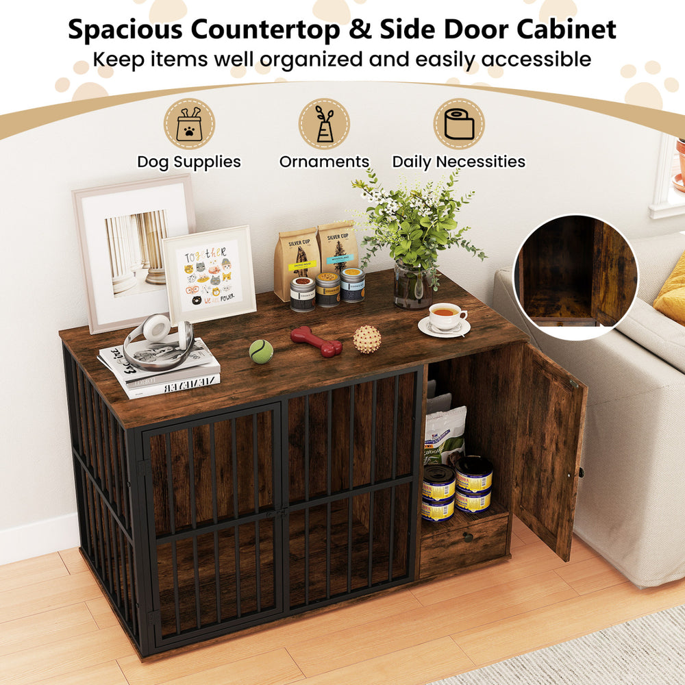 Spacious dog crate furniture with a cooling gel dog bed, featuring a lockable door and built-in storage cabinet.