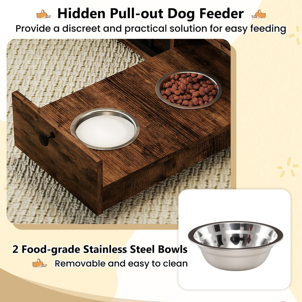 Hidden pull-out dog feeder with two removable stainless steel bowls for easy feeding and practical storage solution.