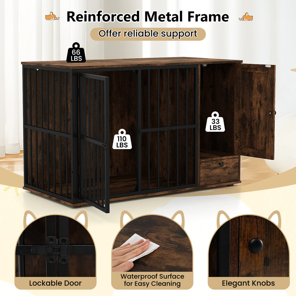Dog crate furniture with a lockable door, chew-resistant metal frame, and built-in storage for small and medium dogs.