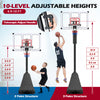 Portable basketball hoop with adjustable heights from 4.9 to 10 ft, featuring a fillable base and reinforced board.
