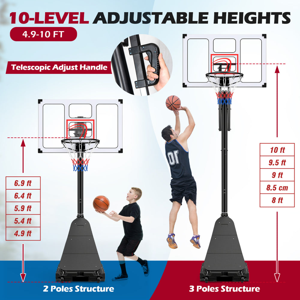Portable basketball hoop with adjustable heights from 4.9 to 10 ft, featuring a fillable base and reinforced board.