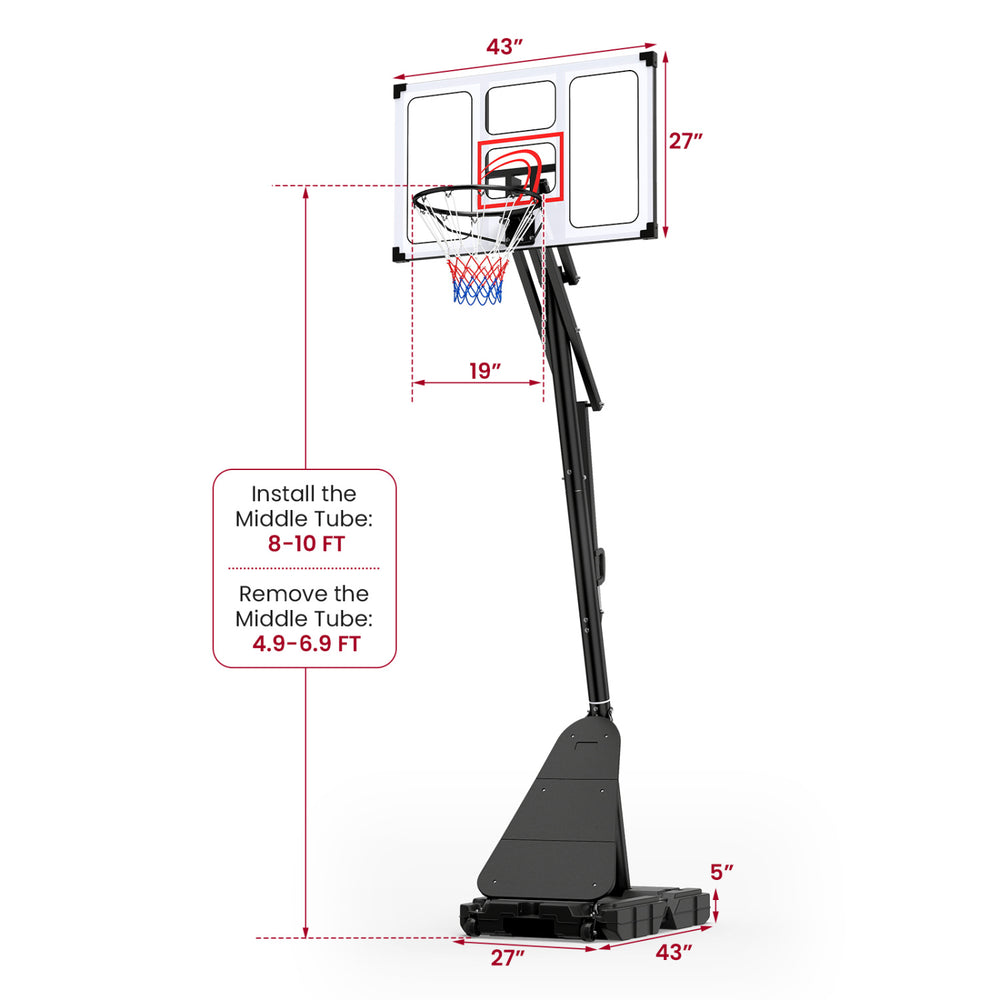 Adjustable 4.9-10 feet portable basketball hoop with fillable base, shown with dimensions for versatile placement.