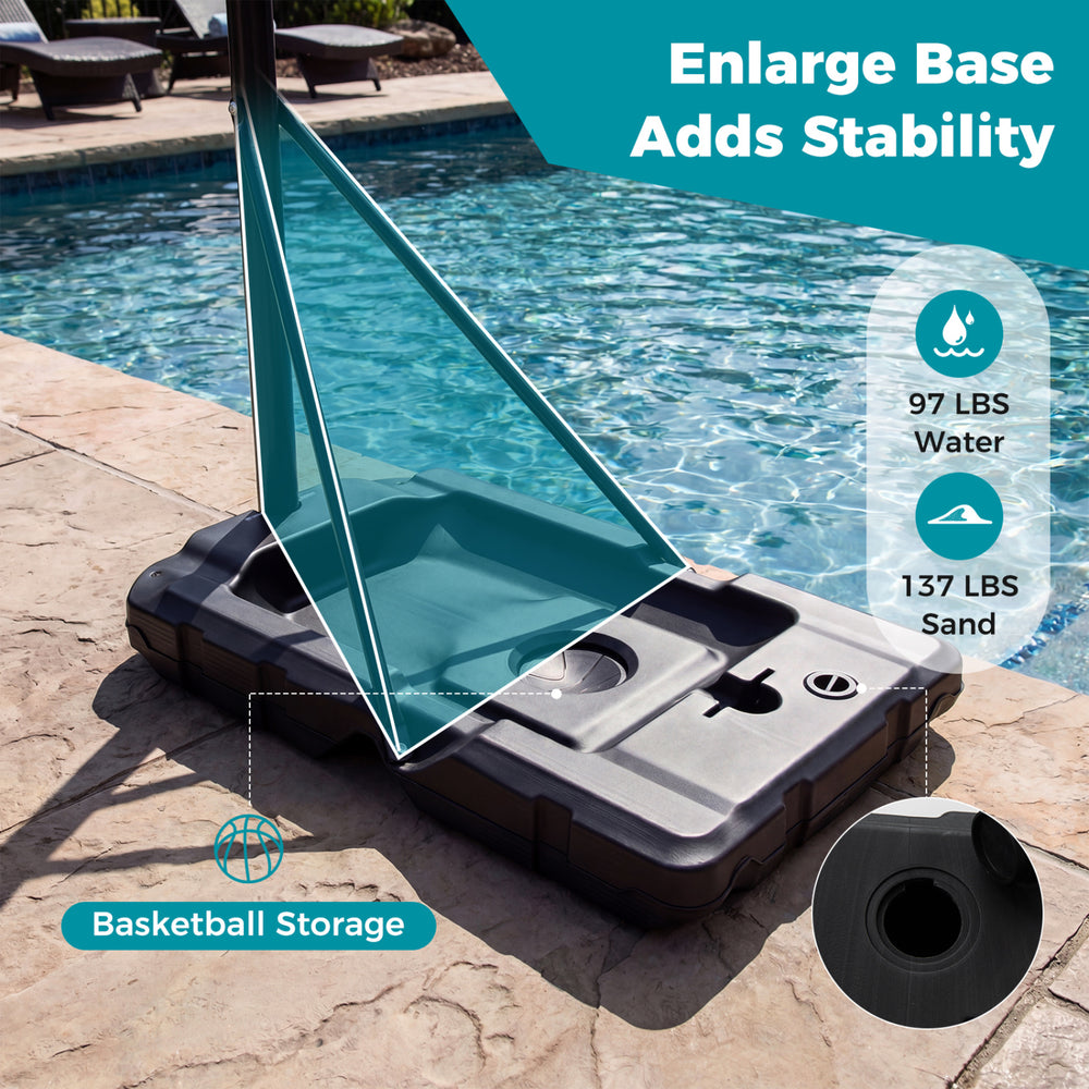 Portable basketball hoop base with water and sand fill options for stability, featuring basketball storage and wheels.
