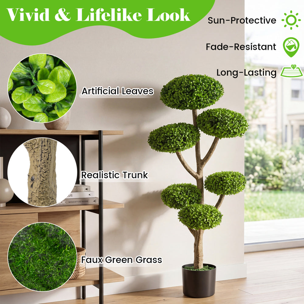 Set of 2 topiary trees with vivid artificial leaves, realistic trunk, and weighted cement-filled base for indoor or.