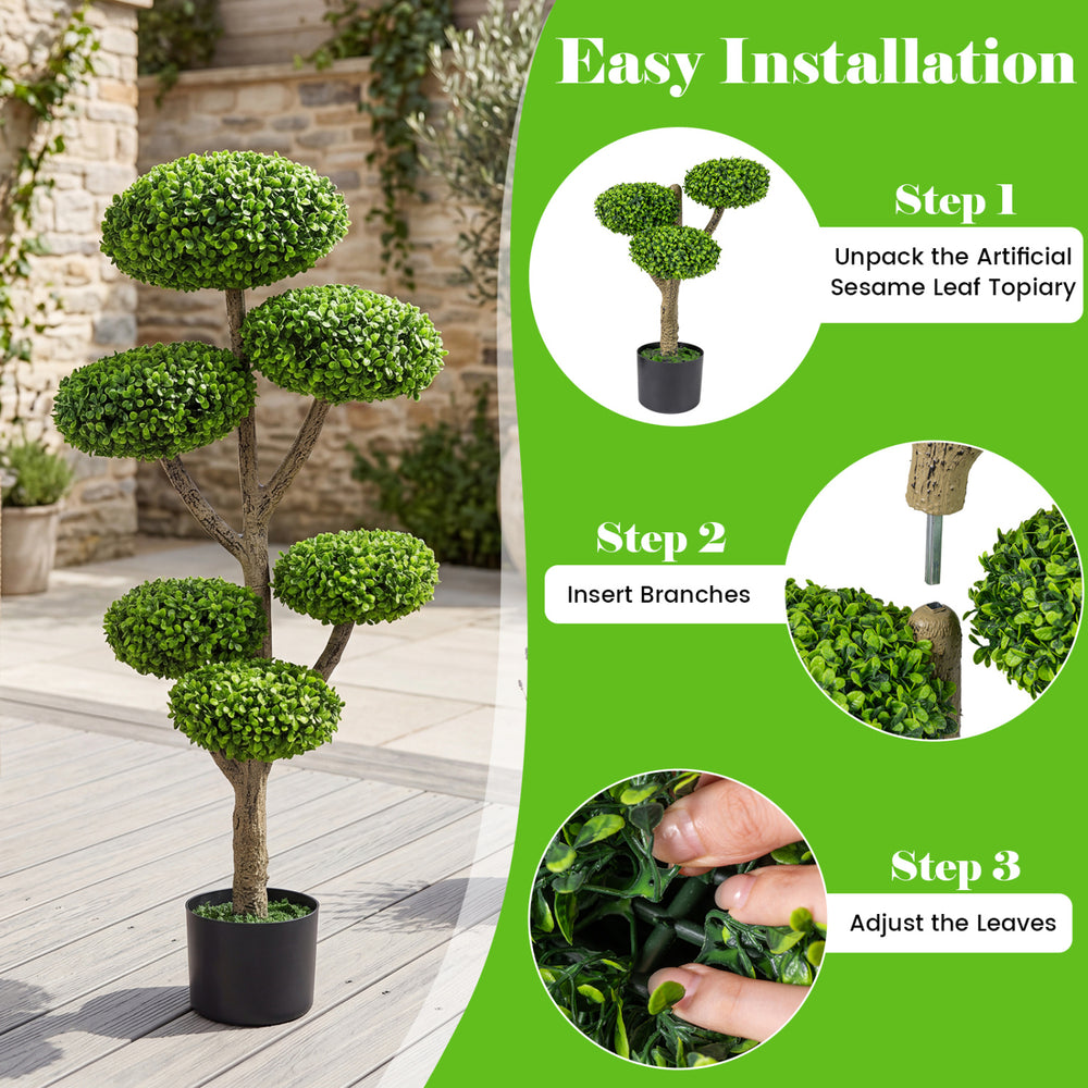 Set of 2 indoor outdoor topiary trees with realistic trunk, weighted base, and vibrant artificial leaves for versatile.