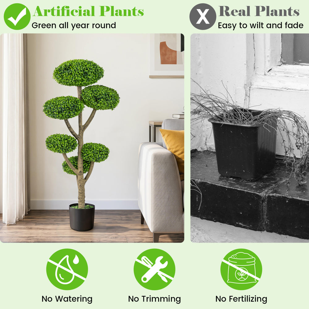Set of 2 indoor outdoor topiary trees with realistic trunk, weighted base, and vibrant faux leaves for year-round.