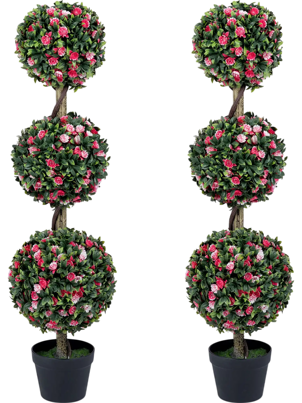 Set of 2 43.5" Artificial Triple Ball Rose Topiary Tree with Lifelike Blooms and Green Leaves