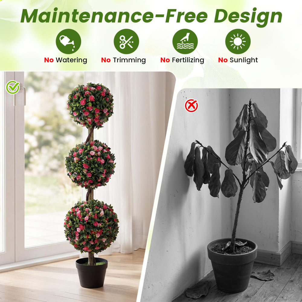 Artificial triple ball rose topiary tree with lifelike blooms, maintenance-free design for indoor and outdoor.
