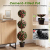 Triple-ball artificial rose topiary tree in a cement-filled pot, featuring lifelike blooms and dense foliage for.
