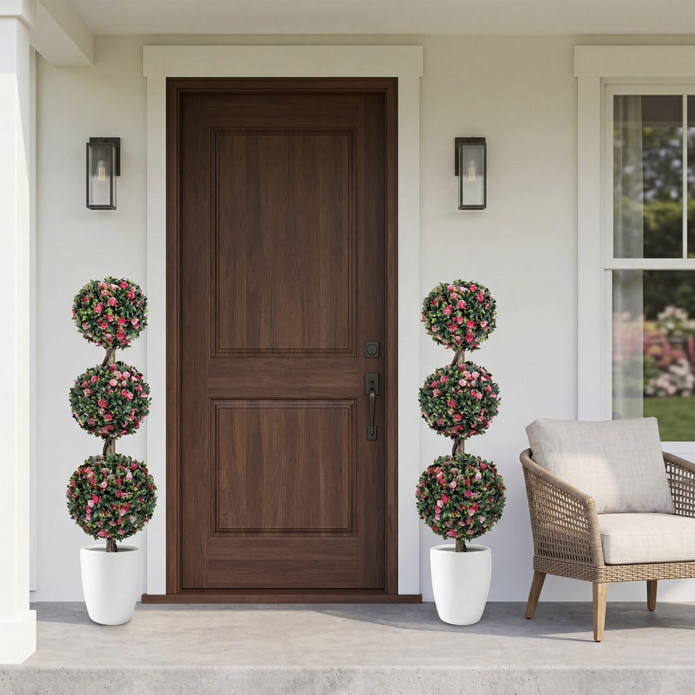Set of 2 artificial triple ball rose topiary trees in white pots, featuring lifelike blooms for elegant outdoor decor.