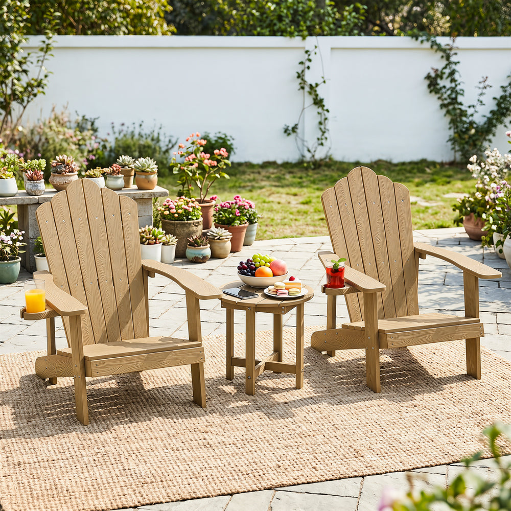 Adirondack side table with a slatted wood-grain top, made from weather-resistant HIPS material for outdoor use.