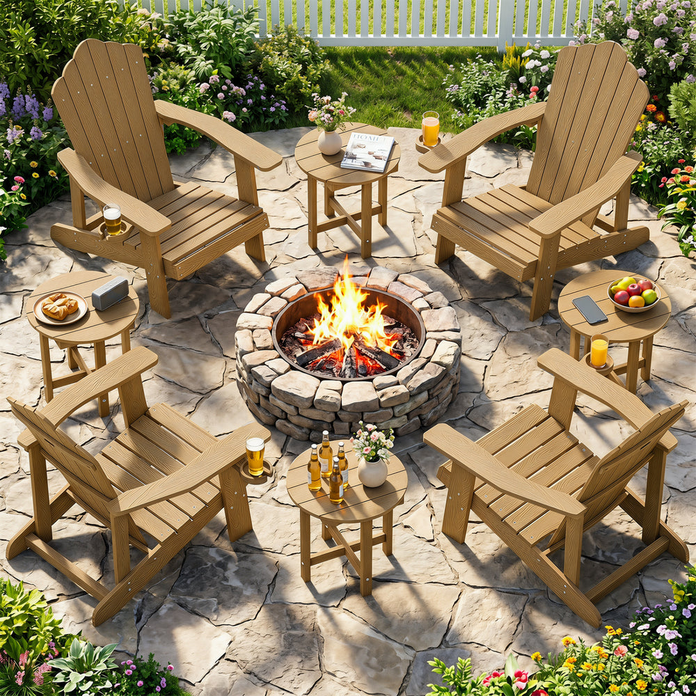 Adirondack side table with a slatted wood-grain top, made of weather-resistant HIPS material for patio use.