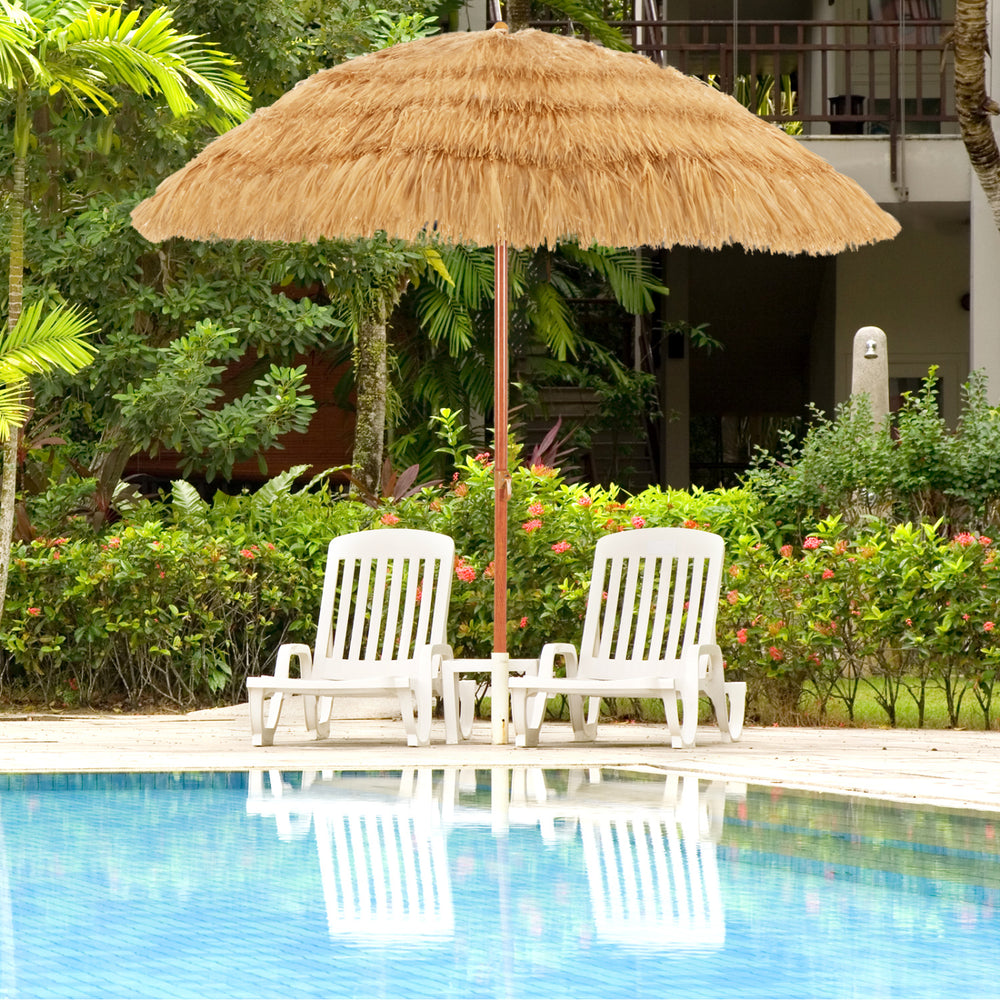 Portable 6.5 feet thatched tiki beach umbrella with adjustable tilt, perfect for outdoor relaxation by the pool.