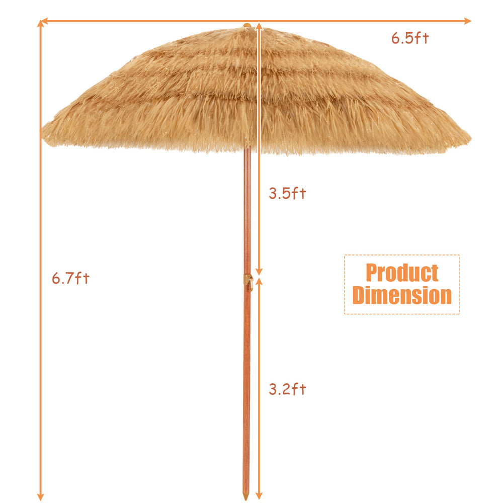 Portable 6.5 feet thatched tiki beach umbrella with adjustable tilt, ideal for outdoor relaxation and sun protection.