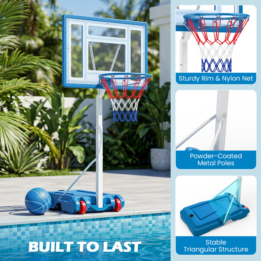 Adjustable 3.3-3.9 feet pool basketball hoop with shatterproof backboard, sturdy rim, and stable base for outdoor fun.