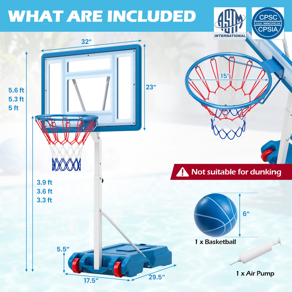 Adjustable 3.3-3.9 feet pool basketball hoop with shatterproof backboard, sturdy base, and built-in wheels for easy mobility.