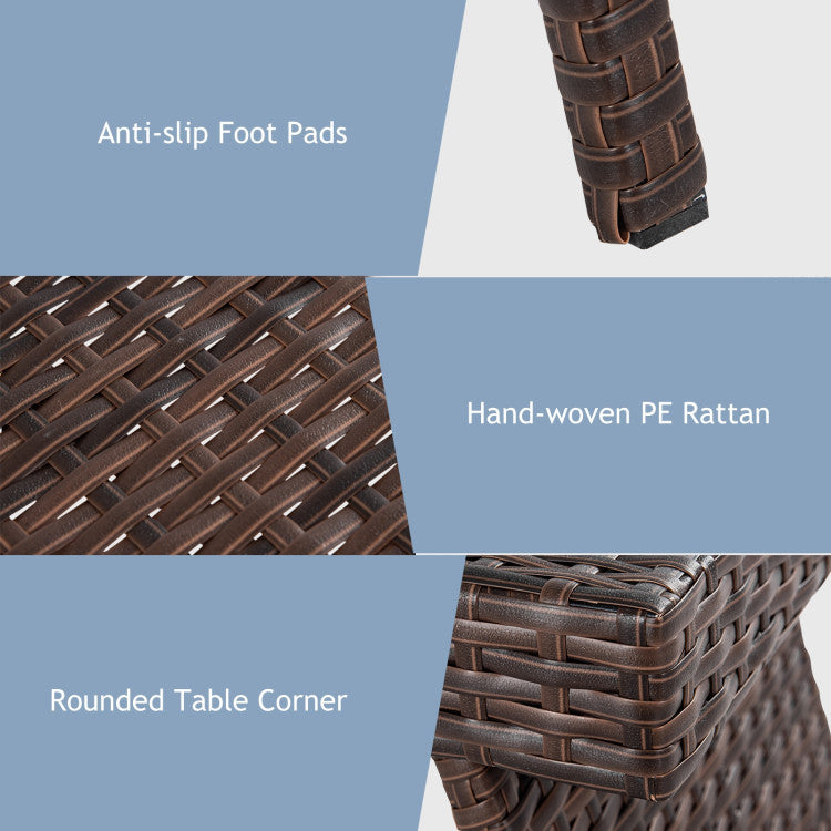 Detail of hand-woven PE rattan and rounded table corner on the 2-piece folding padded patio chaise lounge set.