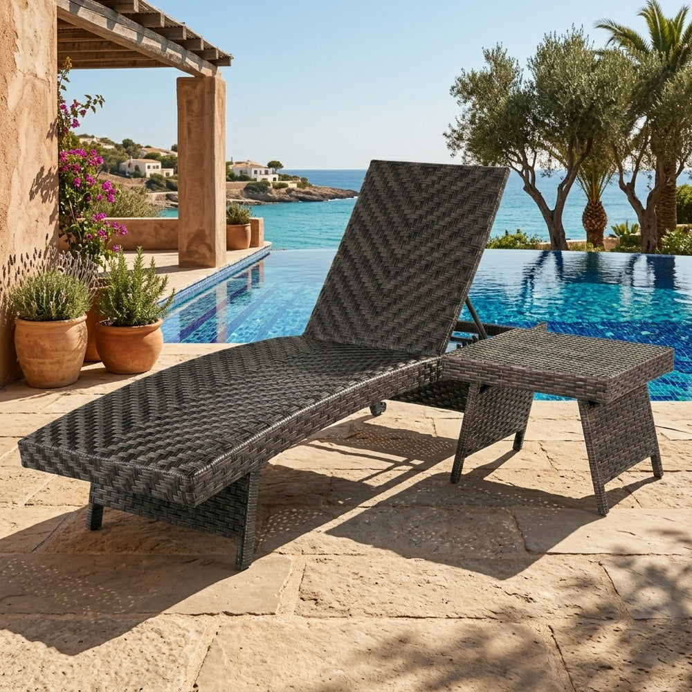 Cushioned 2-piece rattan patio chaise lounge with adjustable backrest and side table for outdoor relaxation by the pool.