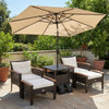 3-piece patio lounge bundle featuring a 5-piece PE rattan set, umbrella side table, and 7.5 ft tilt market umbrella for outdoor comfort.