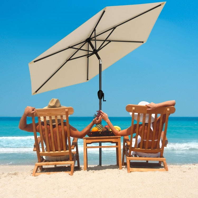 Patio lounge bundle featuring a 7.5 ft tilt market umbrella and PE rattan conversation set for outdoor gatherings.
